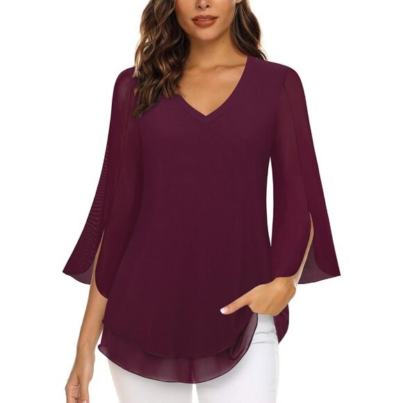 Women's 3/4 Sleeve Floral Blouses Shirts Double Layers V Neck Dressy Tunics Tops - Picture 2 of 6